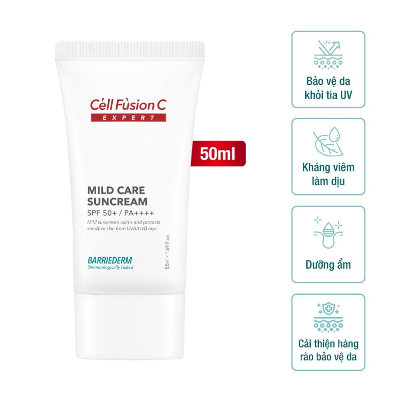 Cell Fusion C Expert – Kem chống nắng vật lý, tăng cường hàng rào bảo vệ da Mild Care Suncream SPF 50+/ PA++++