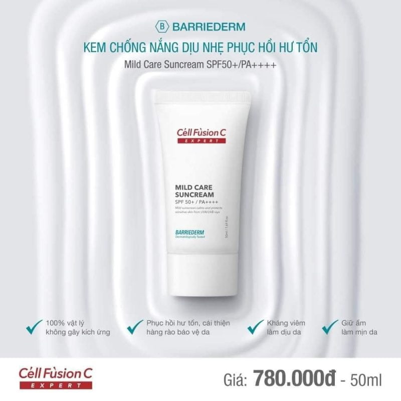 Cell Fusion C Expert – Kem chống nắng vật lý, tăng cường hàng rào bảo vệ da Mild Care Suncream SPF 50+/ PA++++