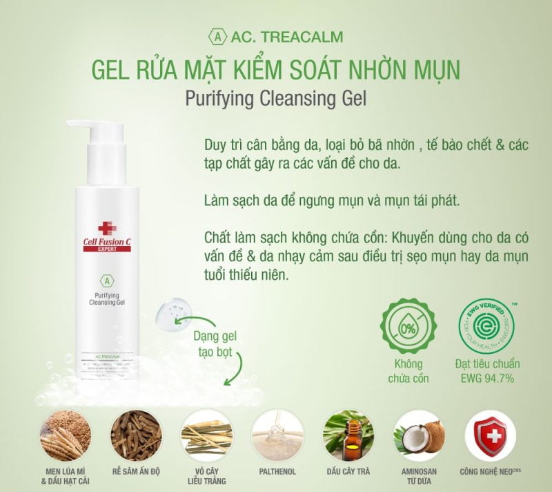 Cell Fusion C Expert – Gel rửa mặt thanh khiết cho làn da dầu mụn AC.Trecalm Purifying Cleansing Gel